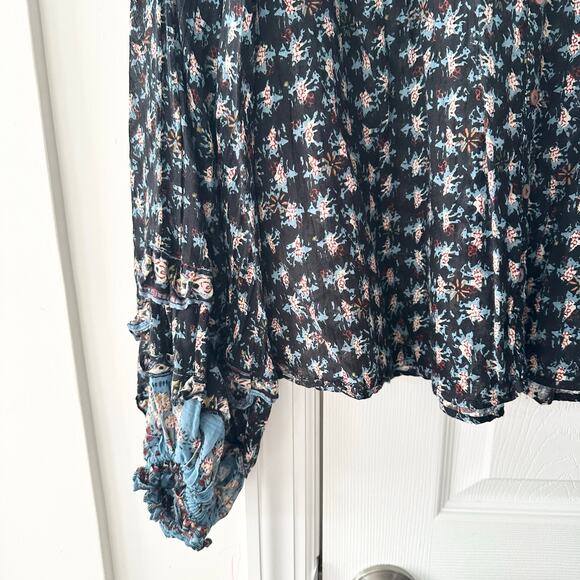Free People Jenna Printed Blouse Night Combo Tie Neck Peasant Ruffle Boho Small - Picture 6 of 9